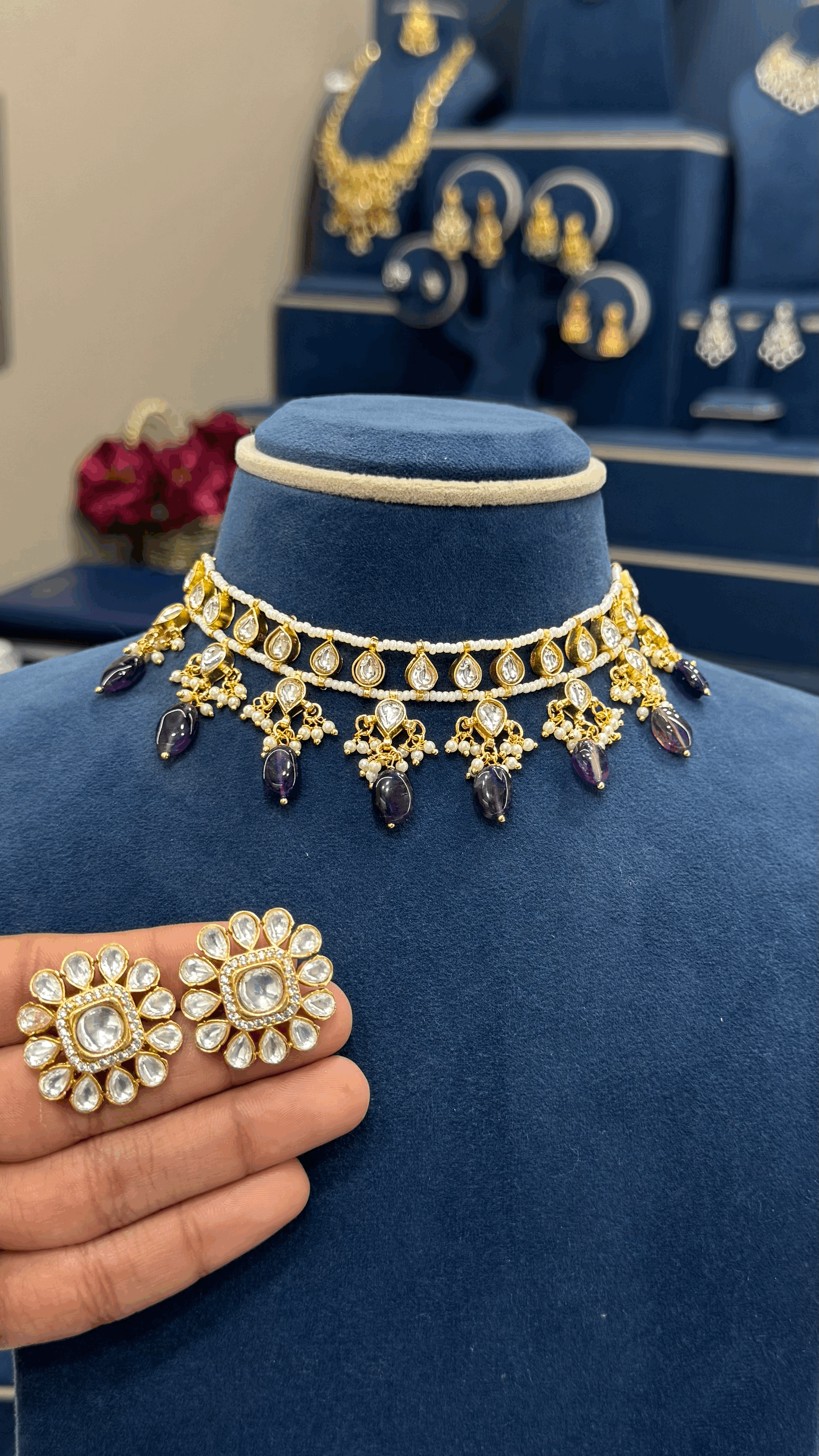 Beads Choker with Moissanite Studs